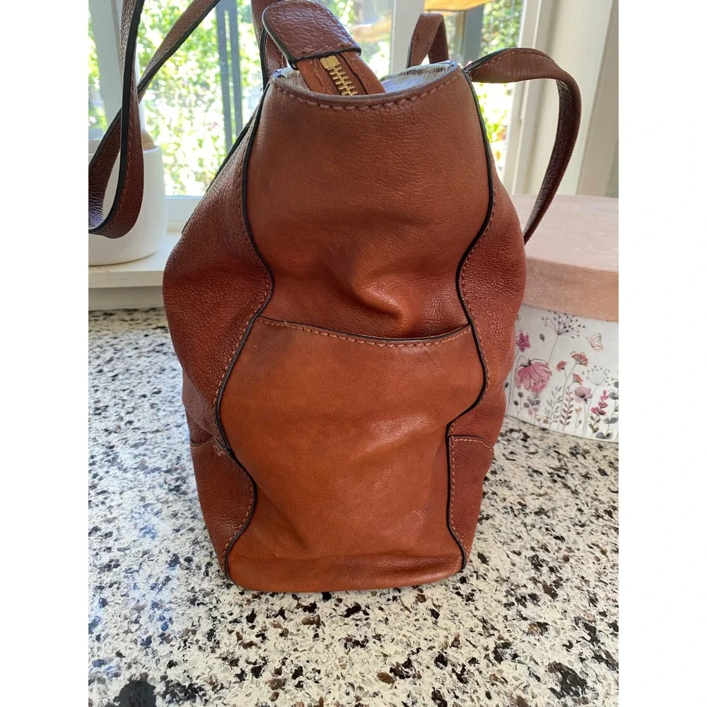 Frye  Lucy Side Pocket Leather Tote Bag Women OS Cognac Brown Pebbled Zip Top